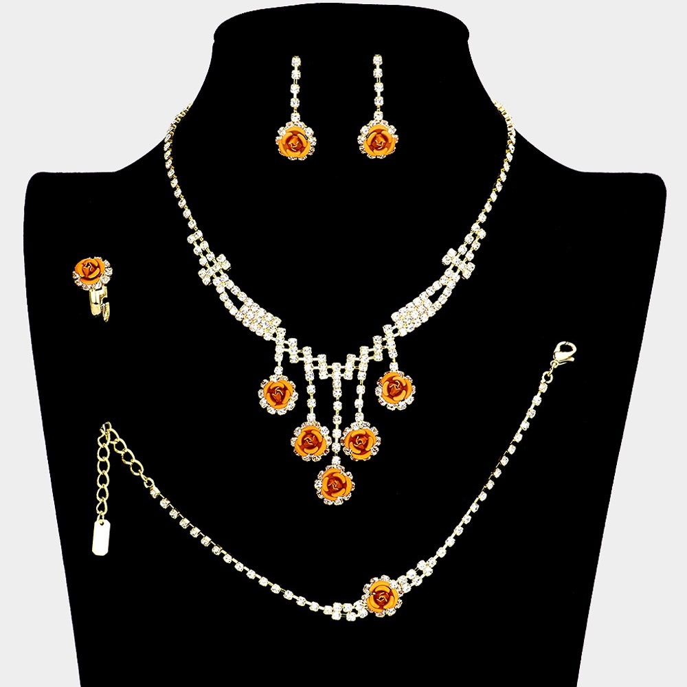 4 piece rose fringe drop rhinestone necklace set